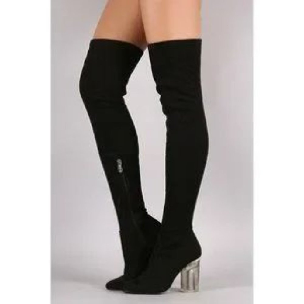 Cape Robbin Fay-15 Women's Boots Black Velvet Over The Knee Lucite Heel Size 6.5